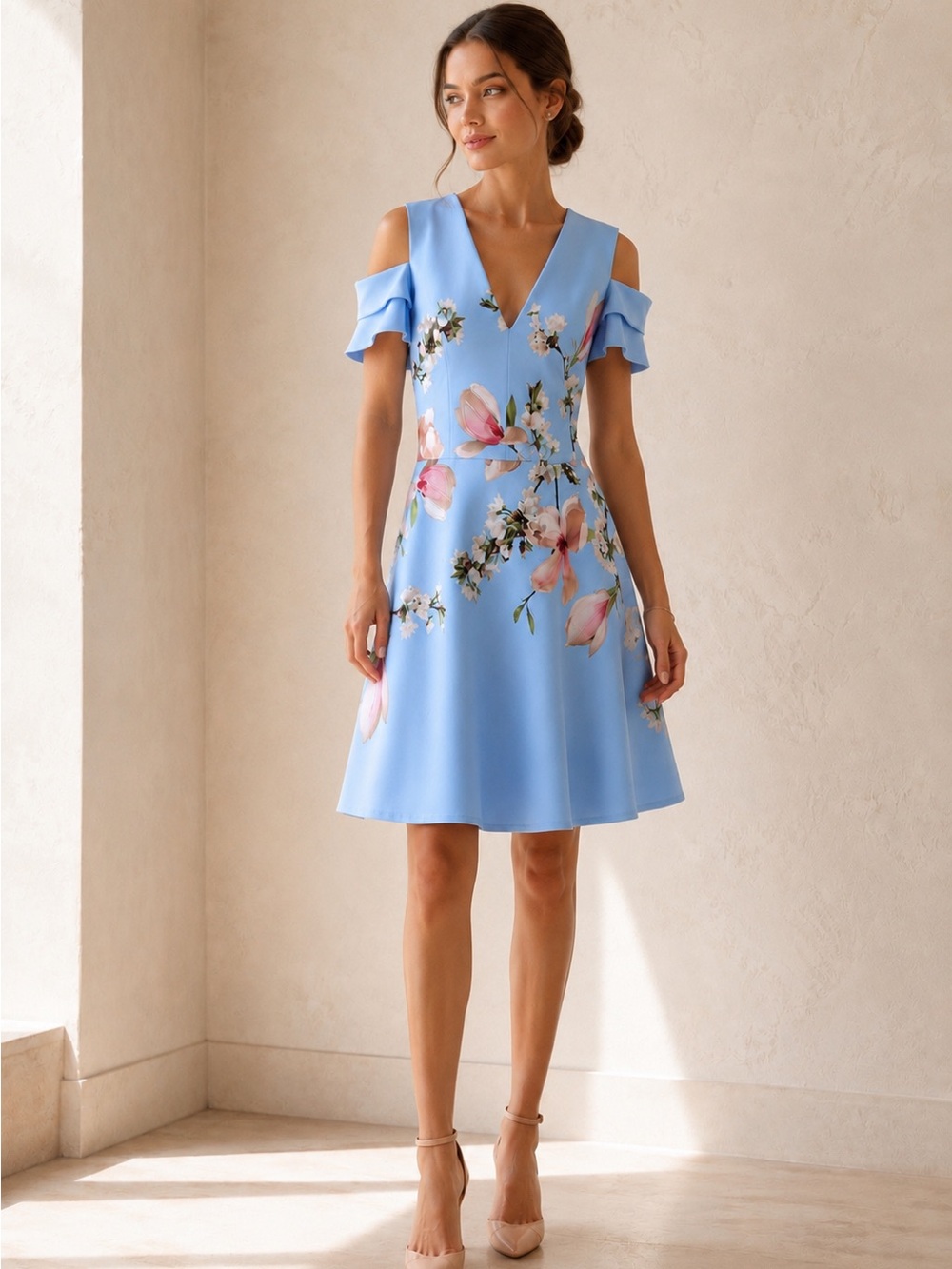 Ted Baker Effrae Floral Cold Shoulder Mini Dress Blue US8 - Picture 2 of 11